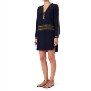 Intermix Tunic Dress Women's Small Navy Blue Boho Long Sleeve Silk Embroidered